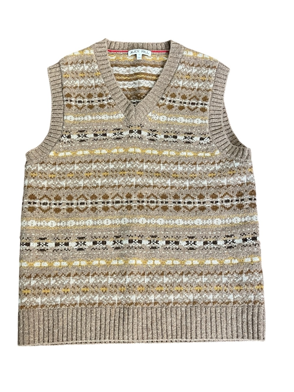Alex Mill Francis Fair Isle Sweater Vest S Camel Merino Wool Preppy Heritage